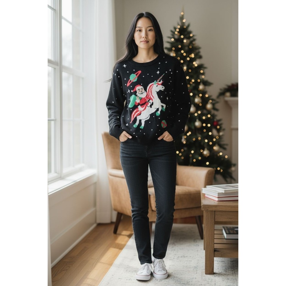 Tipsy Elves Ugly Christmas Sweater Women XL‎ Black Santa Sweater Unicorn Sweater
